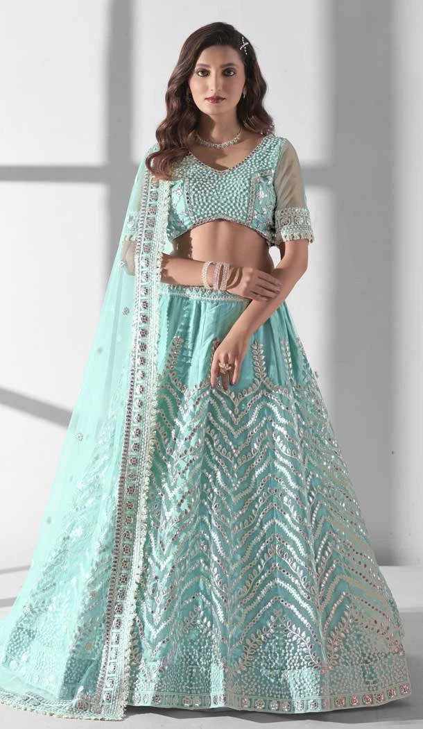 Sky Blue Net Embroidery Work Designer Wear Lehenga Choli  - 9498187617