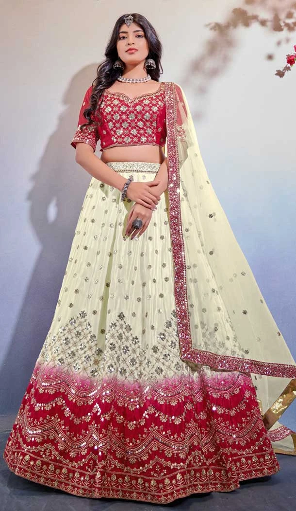 Chinnon Embroidery Work Designer Wear Lehenga Choli In Red White - 9498187618