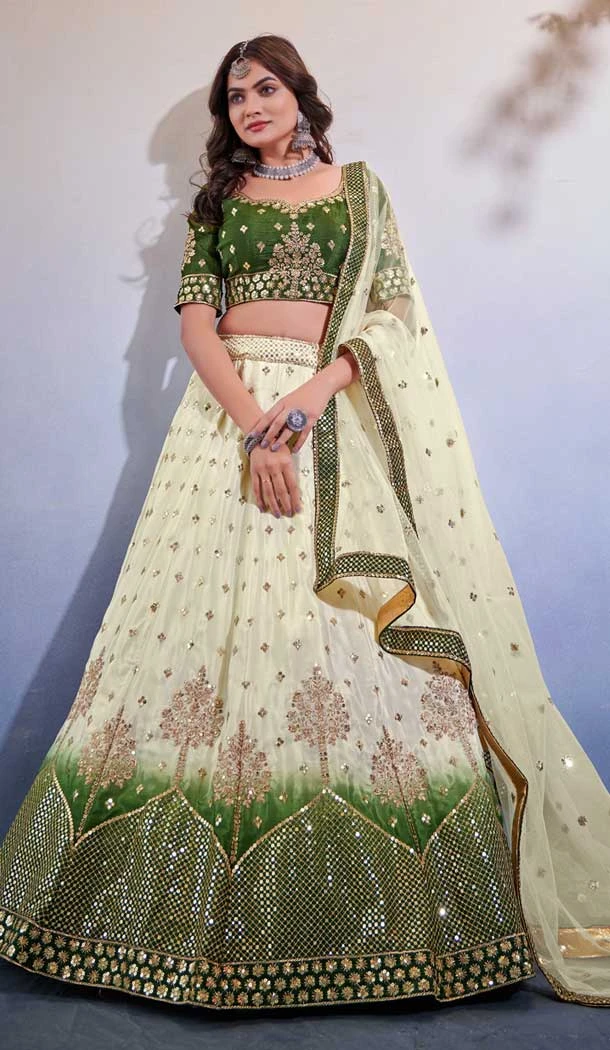 Chinnon Embroidery Work Designer Wear Lehenga Choli In Red Green - 9498187619