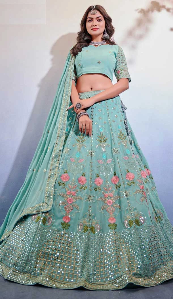 Georgette Embroidery Work Wedding Wear Lehenga Choli In Sky Blue - 9500187621