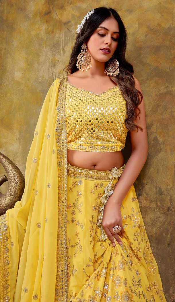 Yellow Georgette Embroidery Work Wedding Wear Lehenga Choli - 9501187622