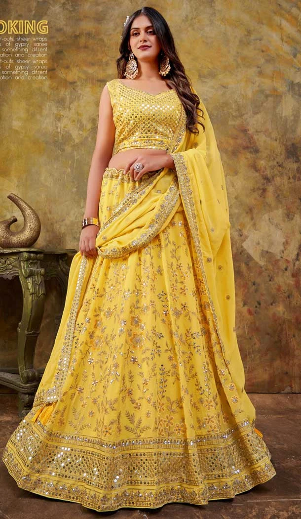 Yellow Georgette Embroidery Work Wedding Wear Lehenga Choli - 9501187622
