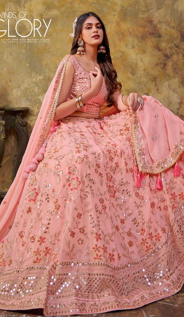 Baby Pink Georgette Embroidery Work Wedding Wear Lehenga Choli - 9501187623