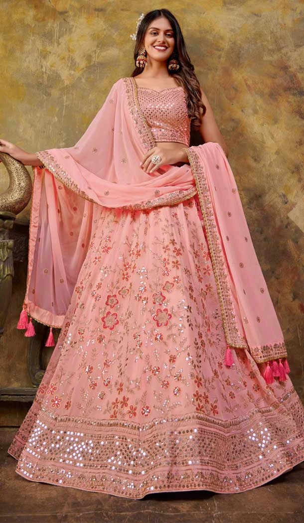 Baby Pink Georgette Embroidery Work Wedding Wear Lehenga Choli - 9501187623