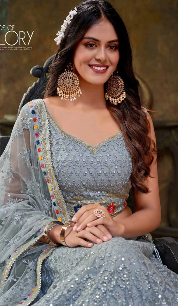 Carduna Blue Net Embroidery Work Wedding Wear Lehenga Choli - 9501187625