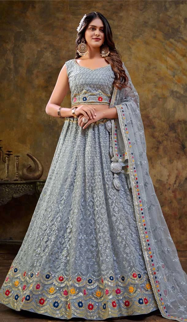 Carduna Blue Net Embroidery Work Wedding Wear Lehenga Choli - 9501187625