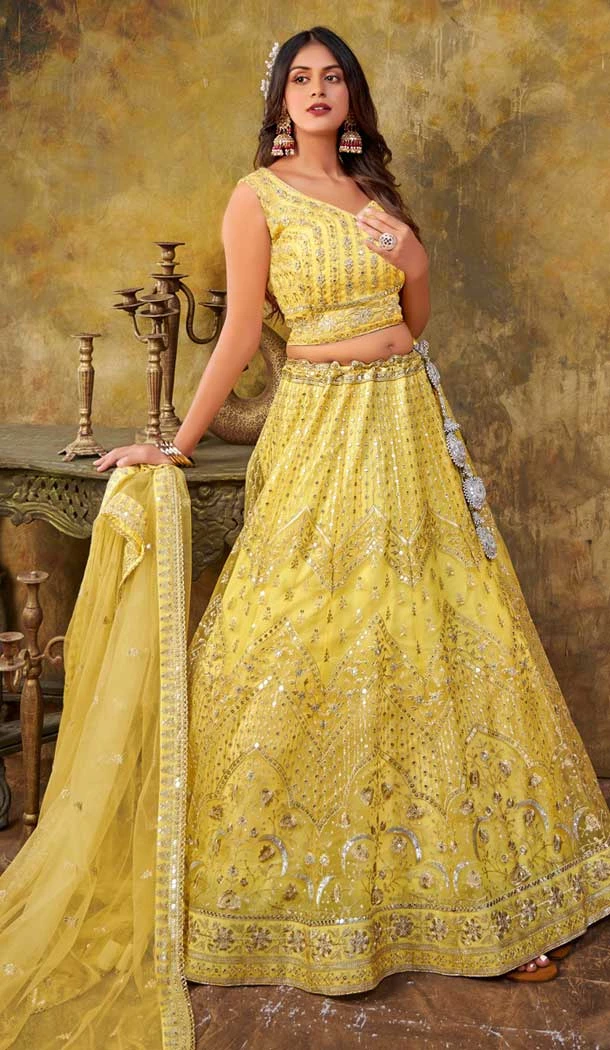 Lemon Yellow Net Embroidery Work Wedding Wear Lehenga Choli - 9501187626