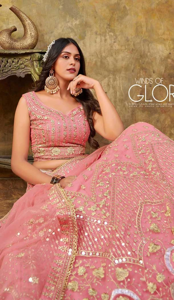 Pink Net Embroidery Work Wedding Wear Lehenga Choli - 9501187627