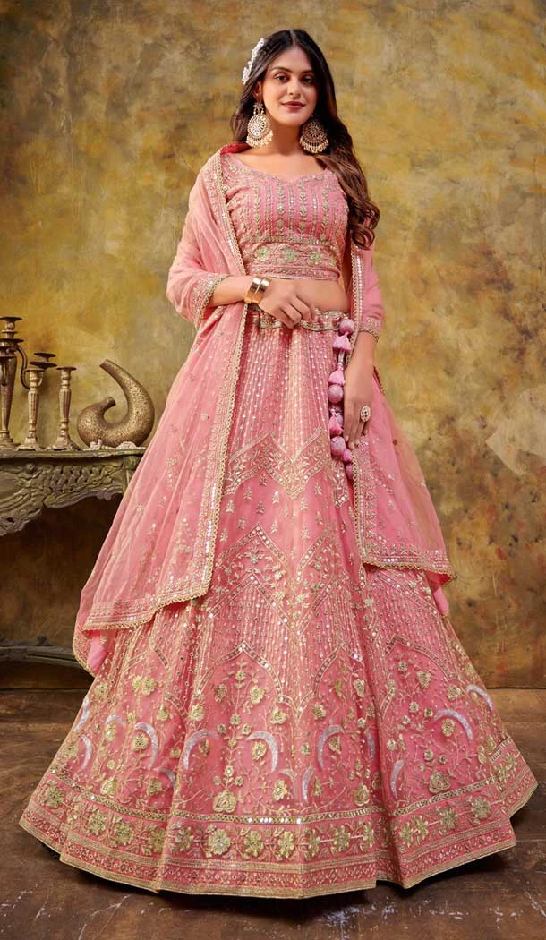 Pink Net Embroidery Work Wedding Wear Lehenga Choli - 9501187627