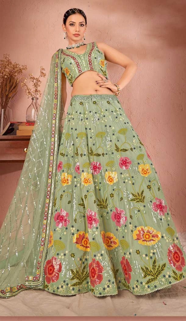 Georgette Sequins Work Readymade Lehenga Choli In Pista Green - 9502187628