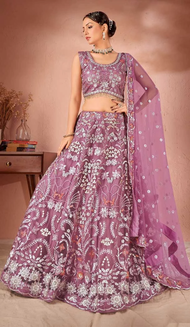 Net Sequins Work Readymade Lehenga Choli In Lavender - 9502187629