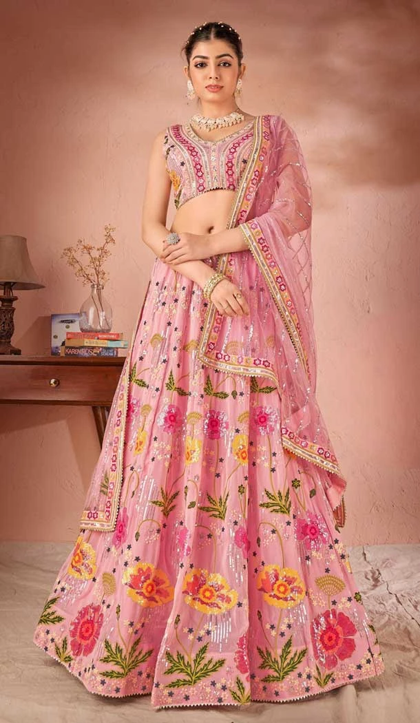 Georgette Sequins Work Readymade Lehenga Choli In Pink - 9502187630