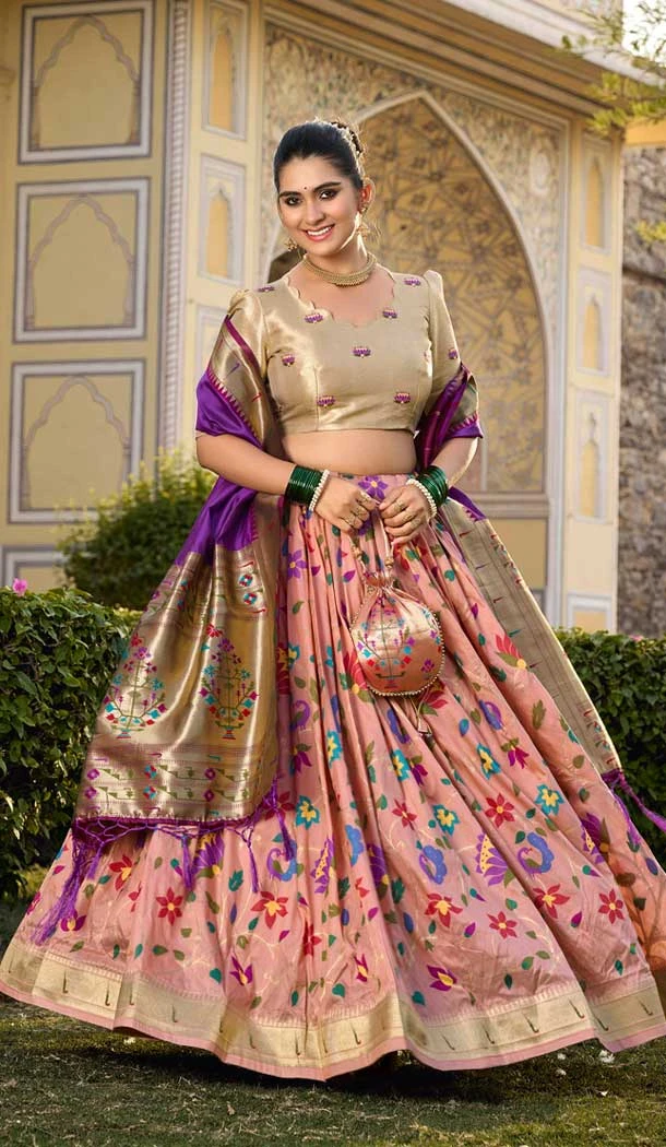 Peach Jacquard Silk Zari Work Traditional Wear Lehenga Choli - 9503187632