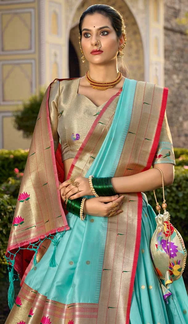 Sky Blue Jacquard Silk Zari Work Traditional Wear Lehenga Choli - 9503187634