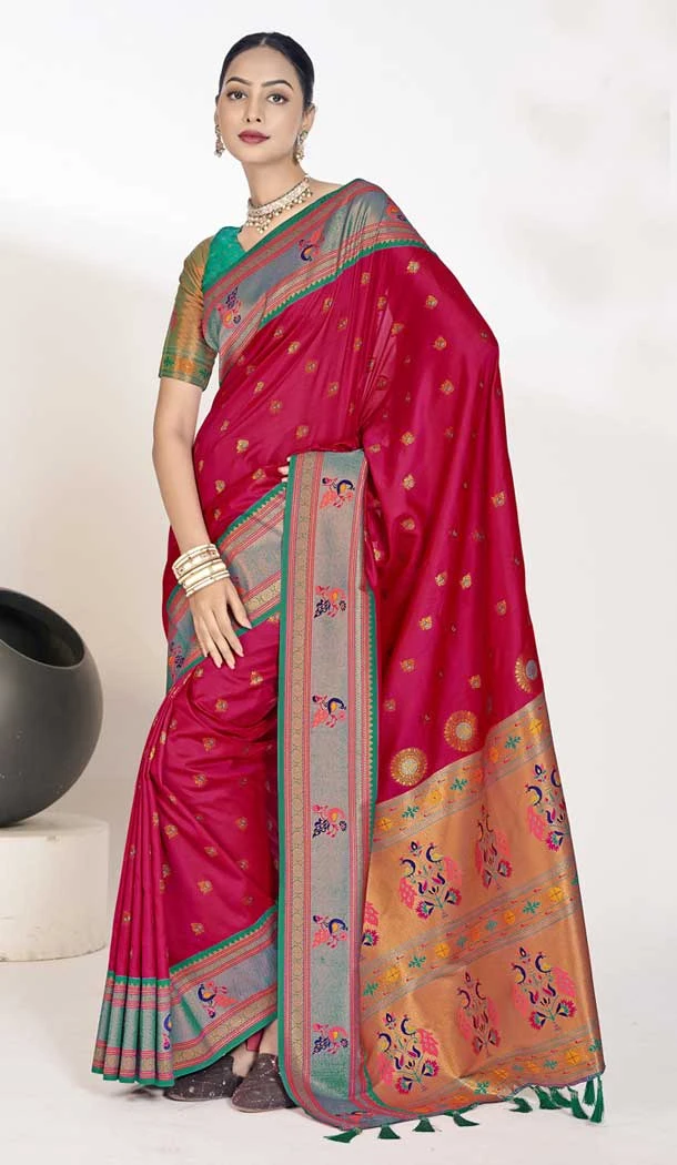 Paithani Silk Weaving Work Traditional Festival Wear Saree In Rani Pink - 9504187636
