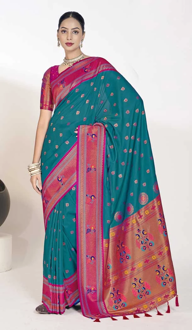 Paithani Silk Weaving Work Traditional Festival Wear Saree In Teal Blue - 9504187637