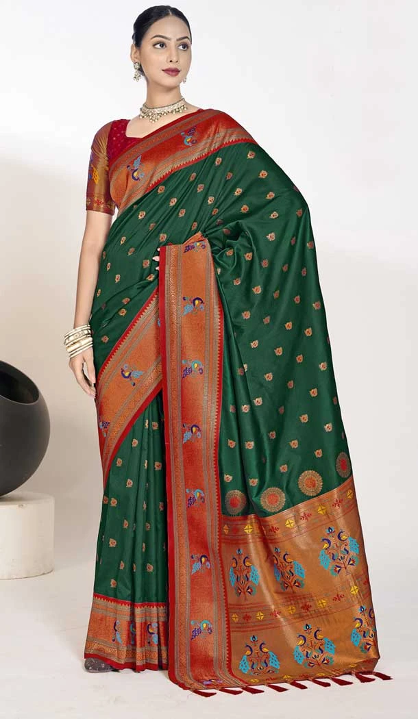 Paithani Silk Weaving Work Traditional Festival Wear Saree In Green - 9504187639