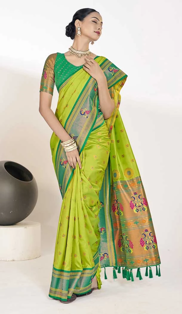 Paithani Silk Weaving Work Traditional Festival Wear Saree In Light Green - 9504187640