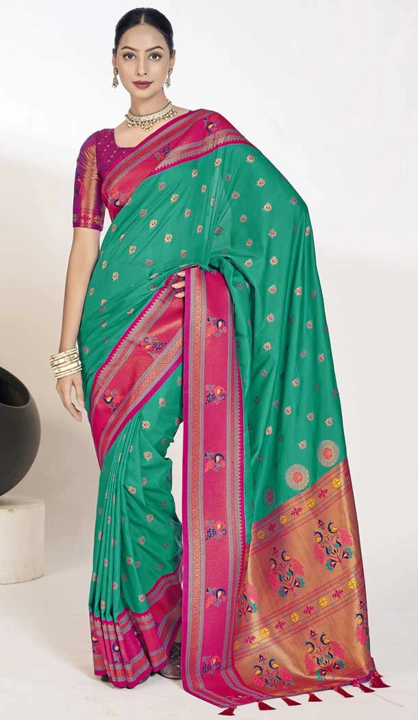 Paithani Silk Weaving Work Traditional Festival Wear Saree In Rama Green - 9504187641