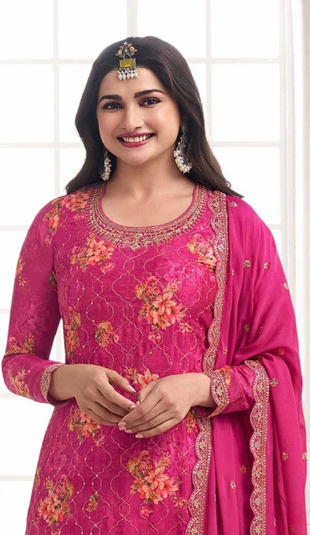 Pink Chinon Embroidery Work Prachi Desai Sharara Suit -9510187691