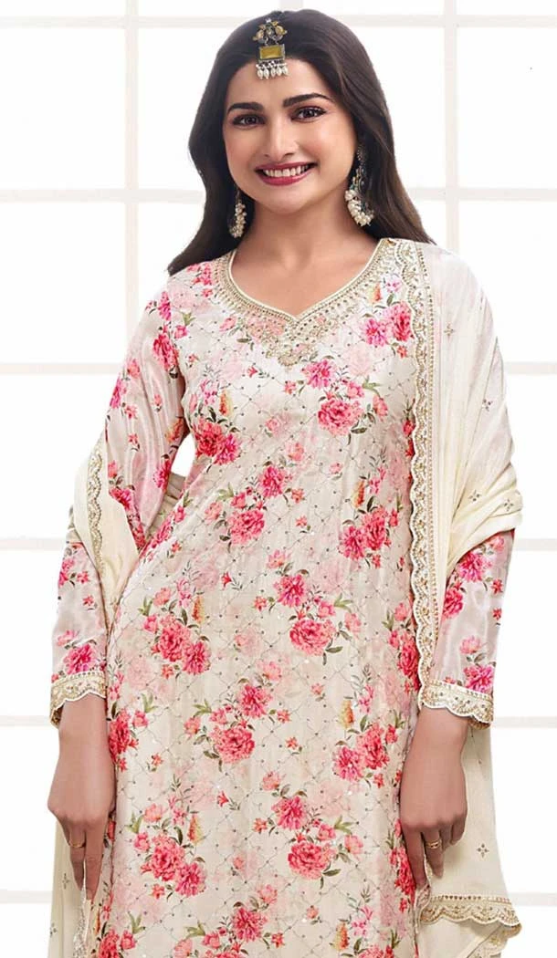 Cream Chinon Embroidery Work Prachi Desai Sharara Suit -9510187693