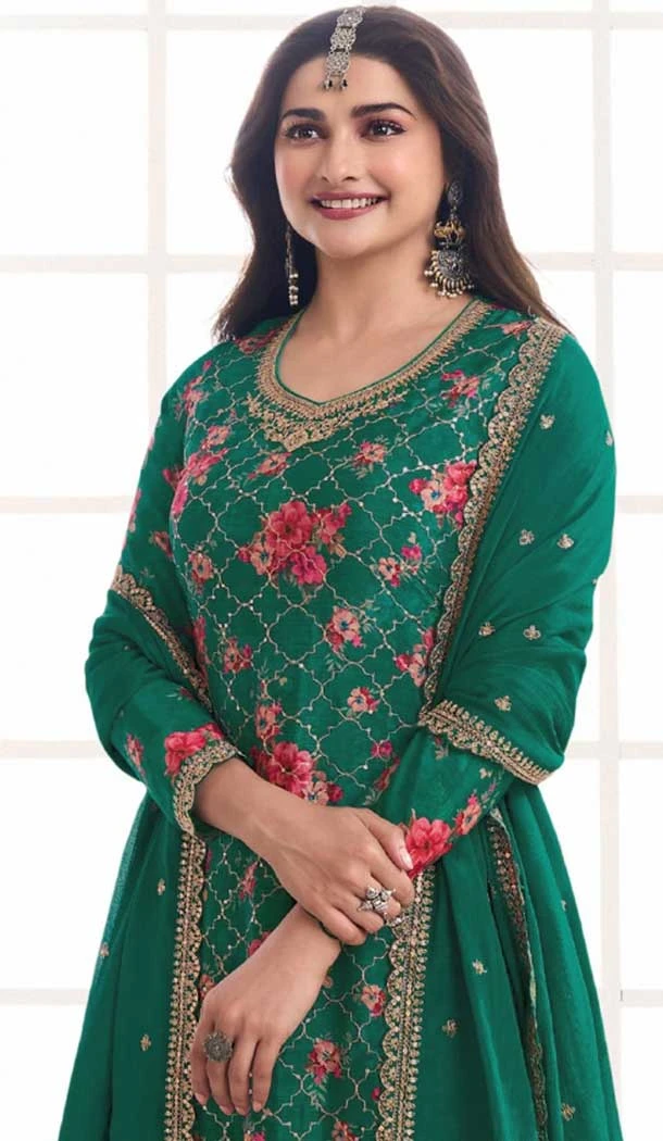 Green Chinon Embroidery Work Prachi Desai Sharara Suit -9510187694
