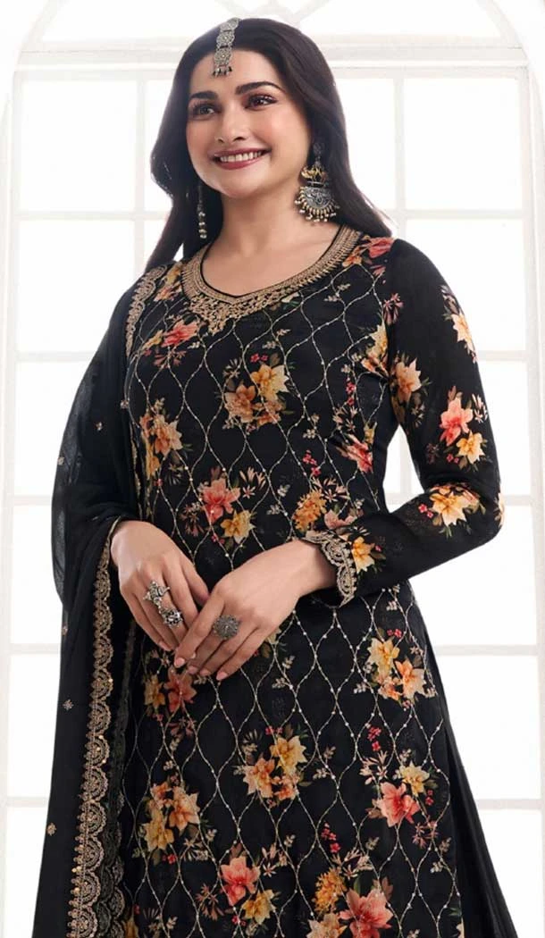 Black Chinon Embroidery Work Prachi Desai Sharara Suit -9510187695