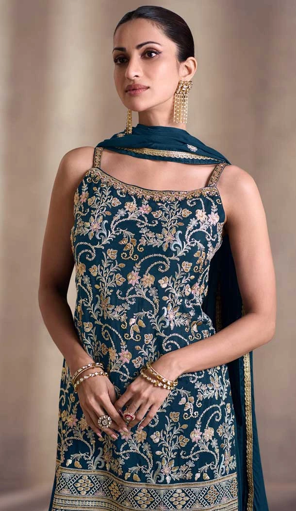 Georgette Embroidery Party Wear Sharara Suit In Rama Blue Color - 9512187702
