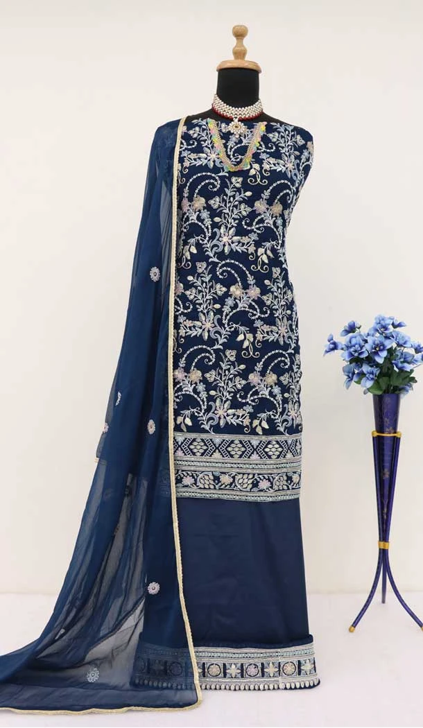 Georgette Embroidery Party Wear Sharara Suit In Rama Blue Color - 9512187702