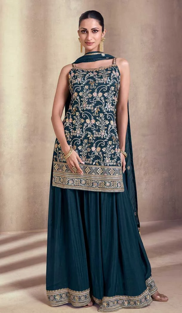 Georgette Embroidery Party Wear Sharara Suit In Rama Blue Color - 9512187702