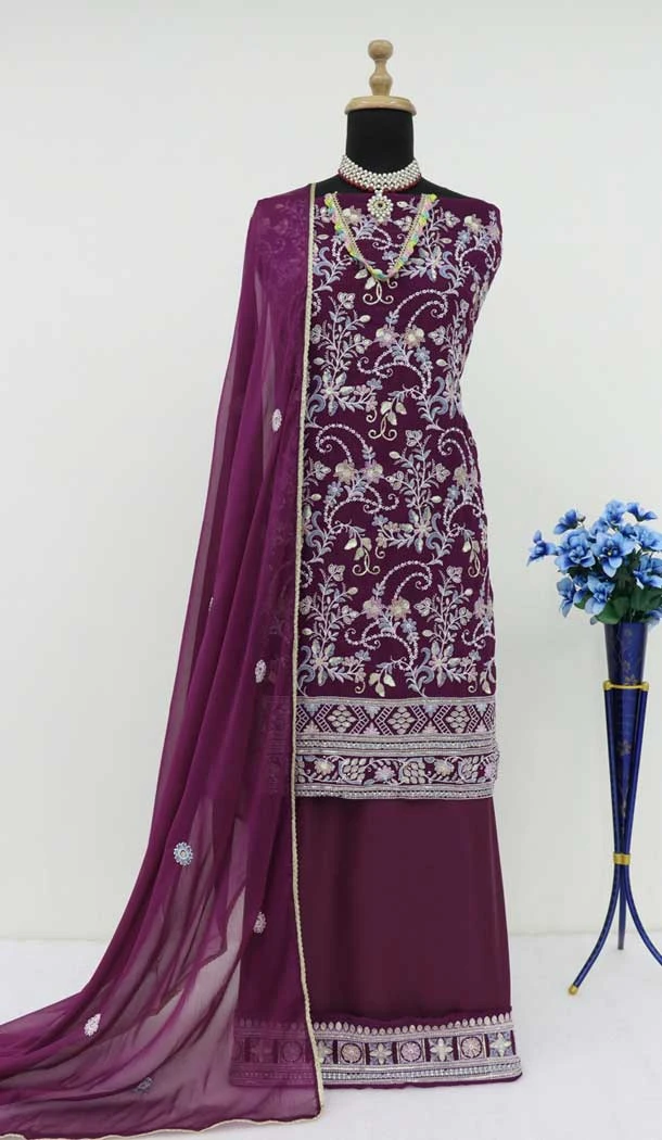 Georgette Embroidery Party Wear Sharara Suit In Purple - 9512187703