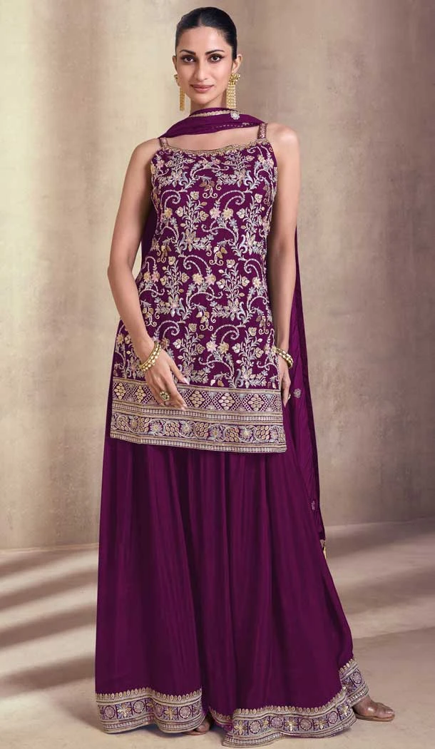 Georgette Embroidery Party Wear Sharara Suit In Purple - 9512187703