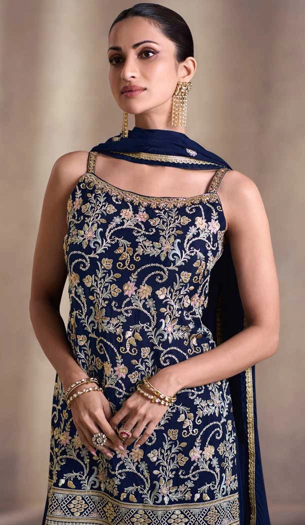Georgette Embroidery Party Wear Sharara Suit In Blue - 9512187704