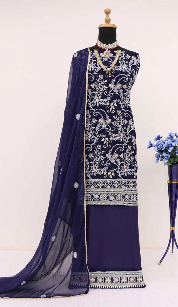 Georgette Embroidery Party Wear Sharara Suit In Blue - 9512187704