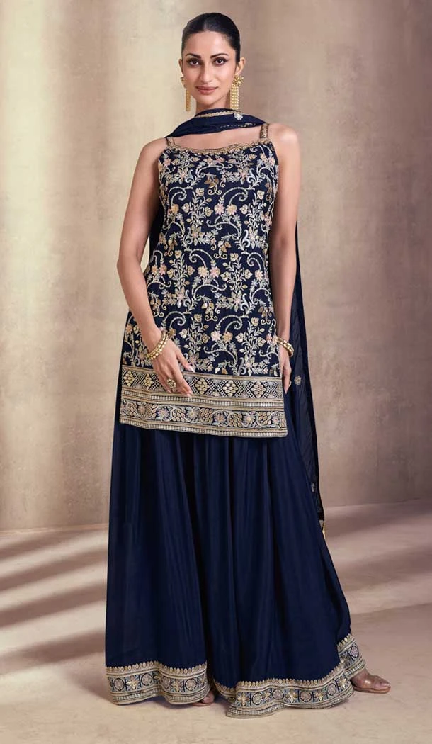 Georgette Embroidery Party Wear Sharara Suit In Blue - 9512187704