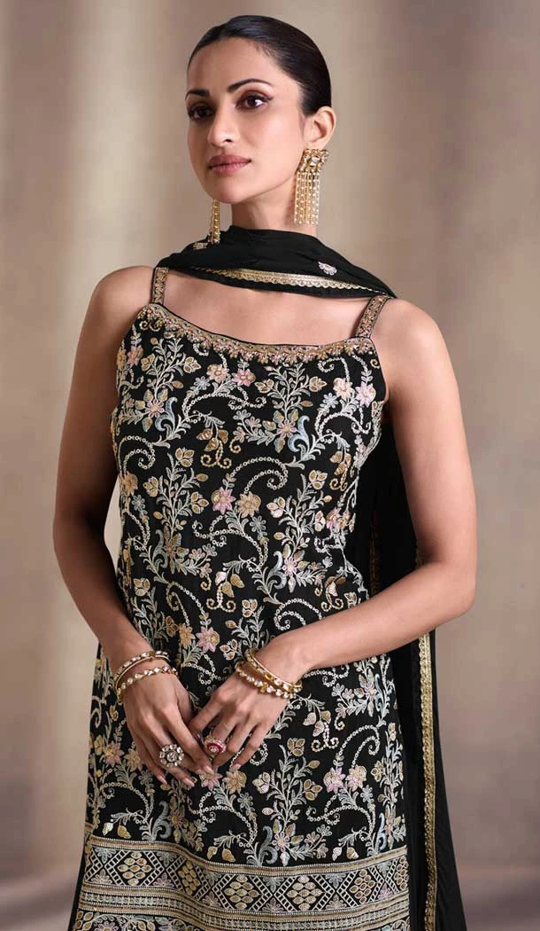 Georgette Embroidery Party Wear Sharara Suit In Black - 9512187705