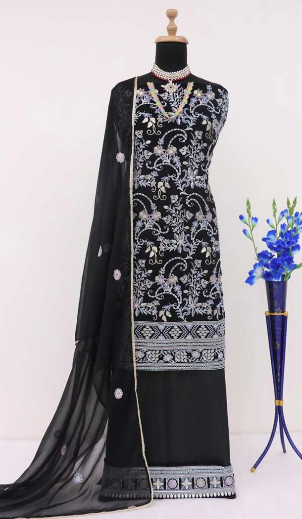 Georgette Embroidery Party Wear Sharara Suit In Black - 9512187705