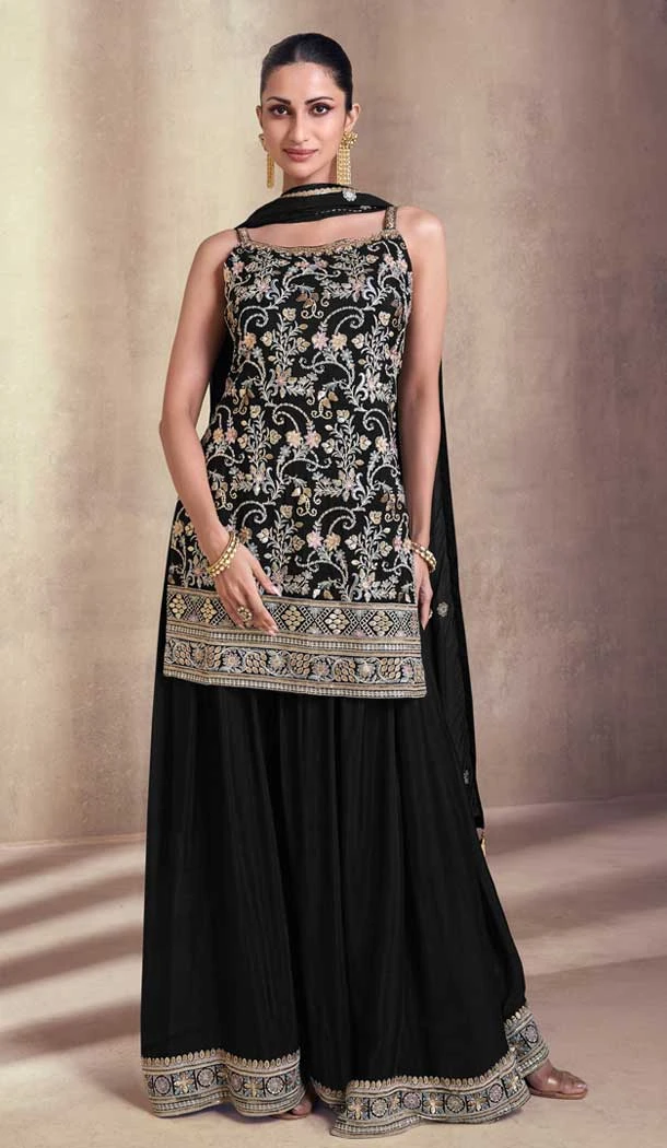 Georgette Embroidery Party Wear Sharara Suit In Black - 9512187705