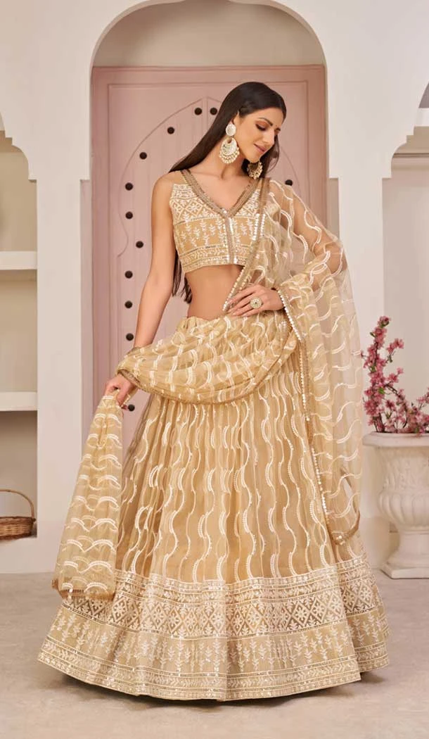 Butterfly Net Embroidered Party Wear Lehenga Choli In Beige - 9535187903