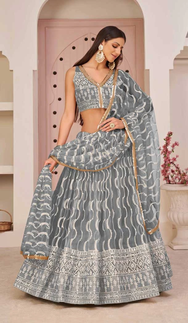 Butterfly Net Embroidered Party Wear Lehenga Choli In Grey - 9535187904