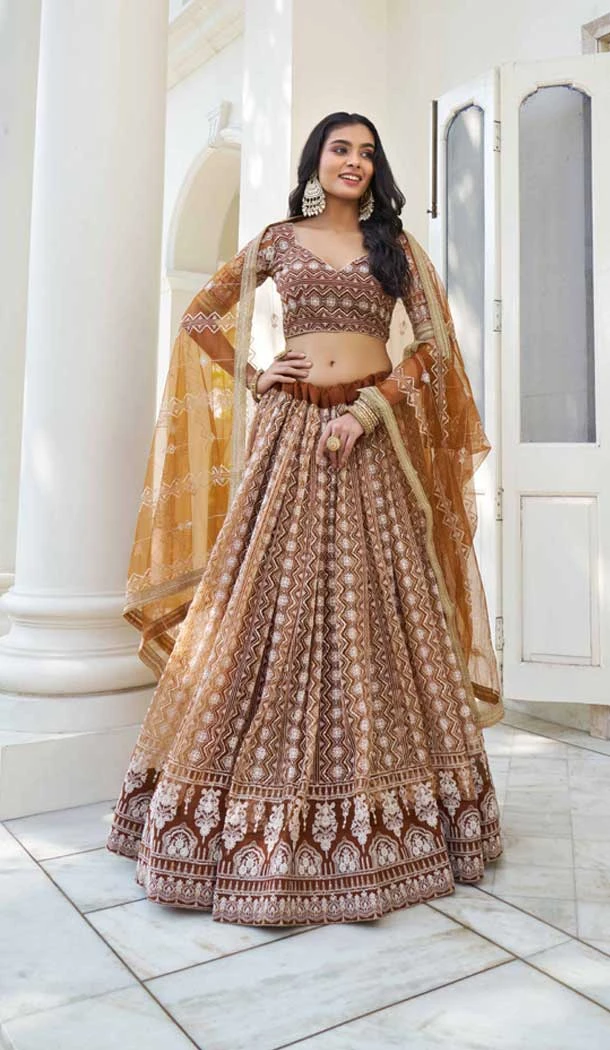Brown Butterfly Net Embroidery Work Lehenga Choli - 9536187907