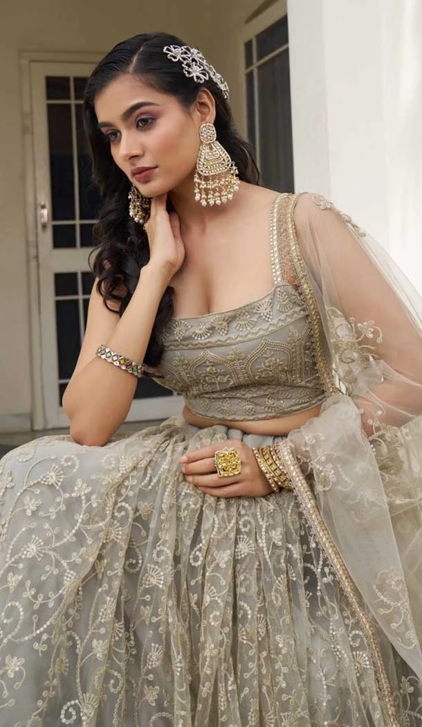 Ivory Butterfly Net Embroidery Work Lehenga Choli - 9536187908