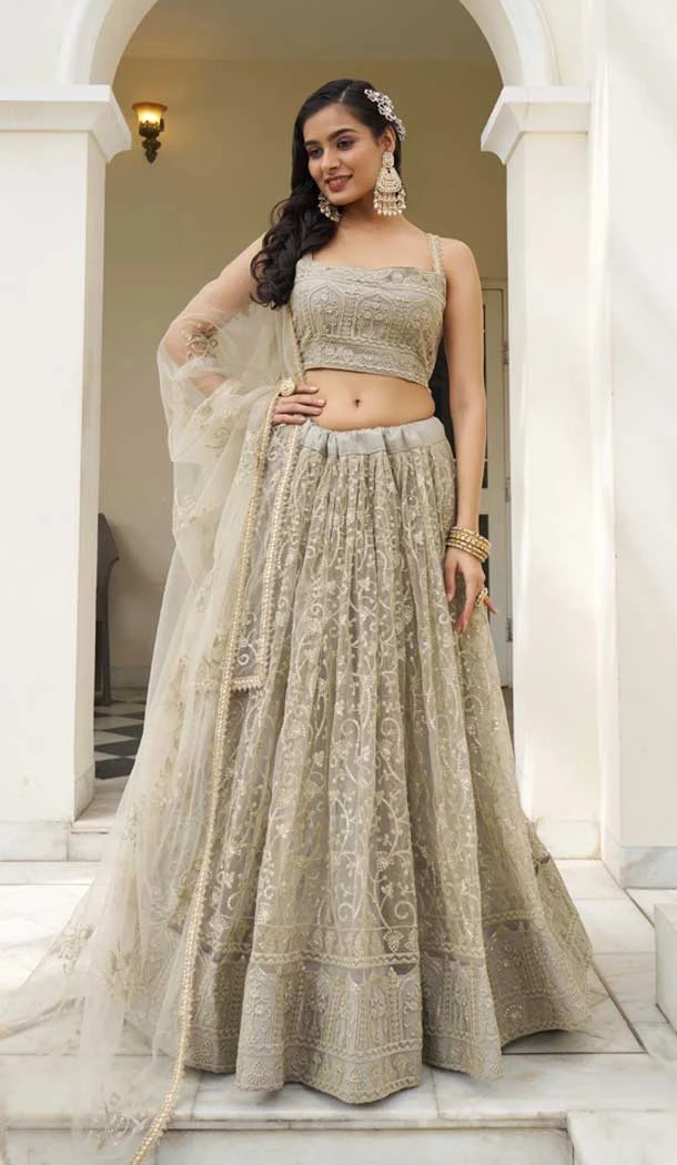 Ivory Butterfly Net Embroidery Work Lehenga Choli - 9536187908