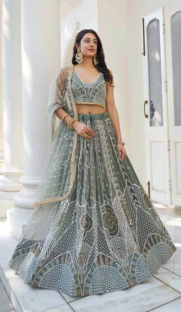 Dusty Green Butterfly Net Embroidery Work Lehenga Choli - 9536187911