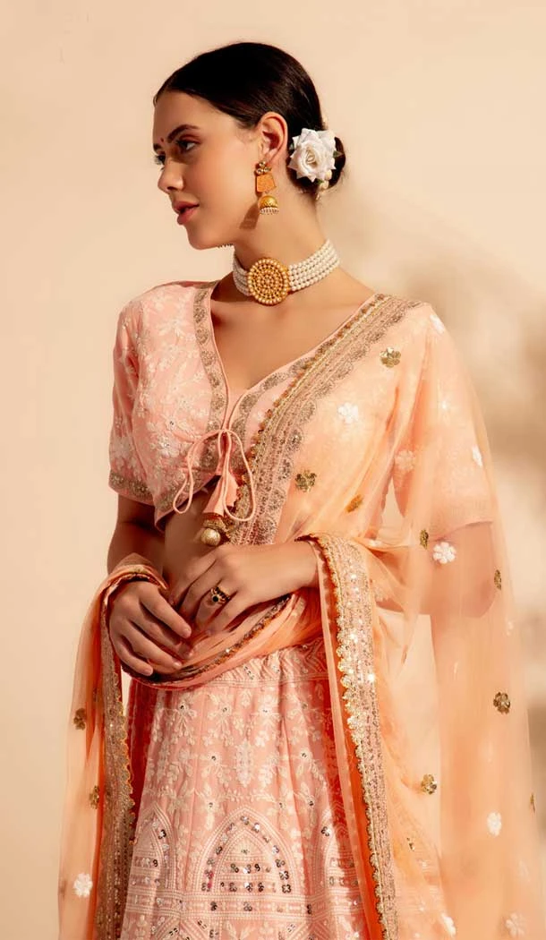 Georgette Sequins Work Readymade Lehenga Choli In Dark Peach - 9537187912
