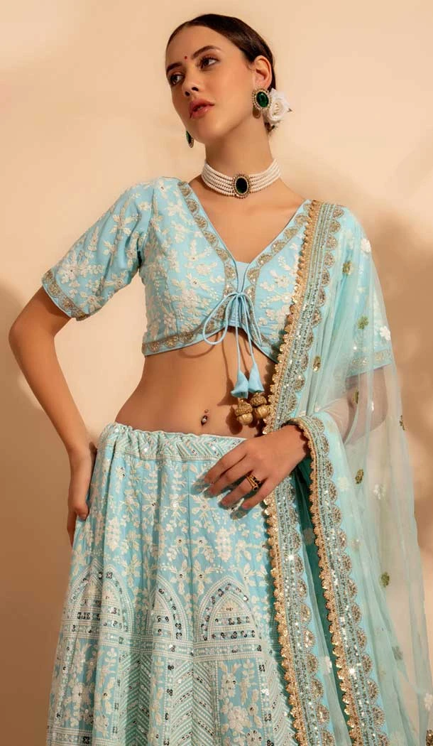 Georgette Sequins Work Readymade Lehenga Choli In Sky Blue - 9537187913