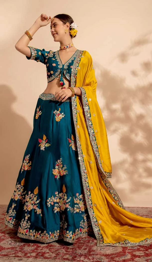 Georgette Sequins Work Readymade Lehenga Choli In Rama Green - 9537187914