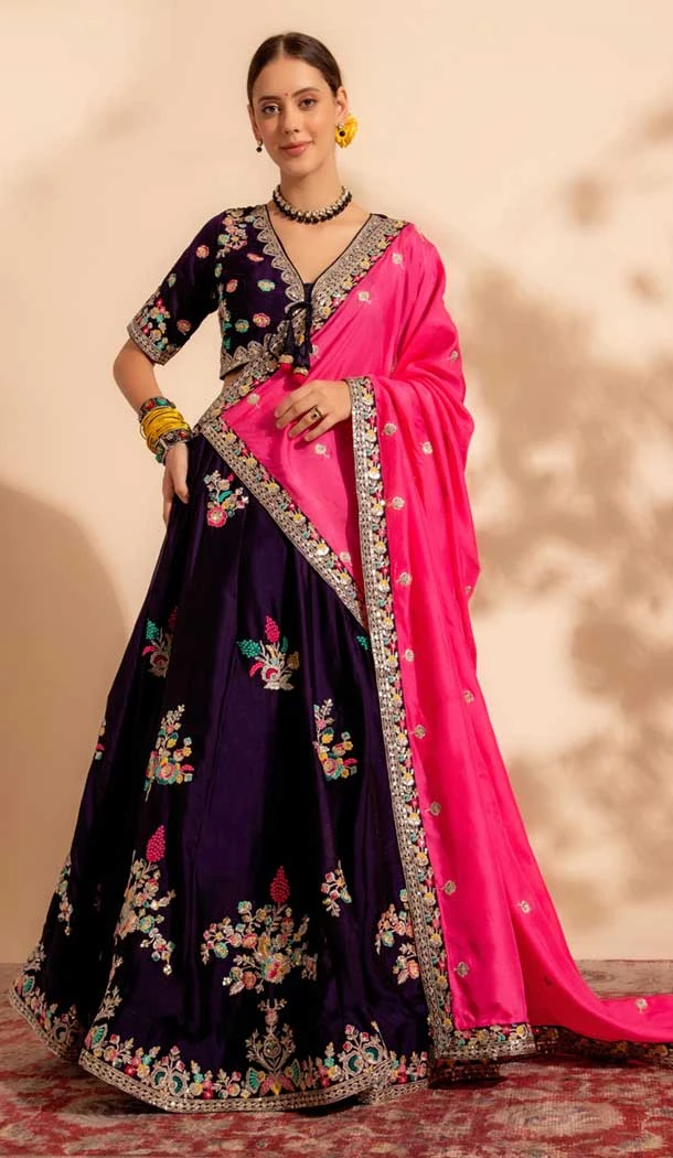 Georgette Sequins Work Readymade Lehenga Choli In Dark Purple - 9537187915
