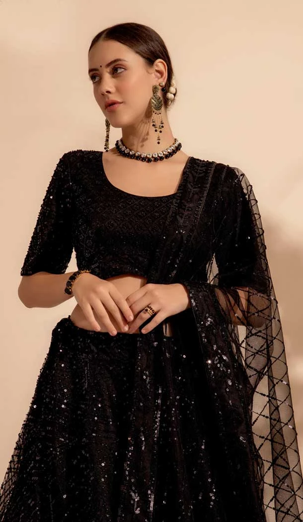 Net Sequins Work Readymade Lehenga Choli In Black - 9537187916