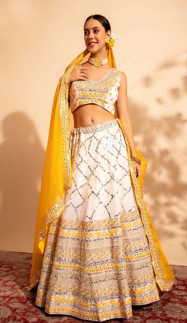 Georgette Sequins Work Readymade Lehenga Choli In Off White - 9537187918